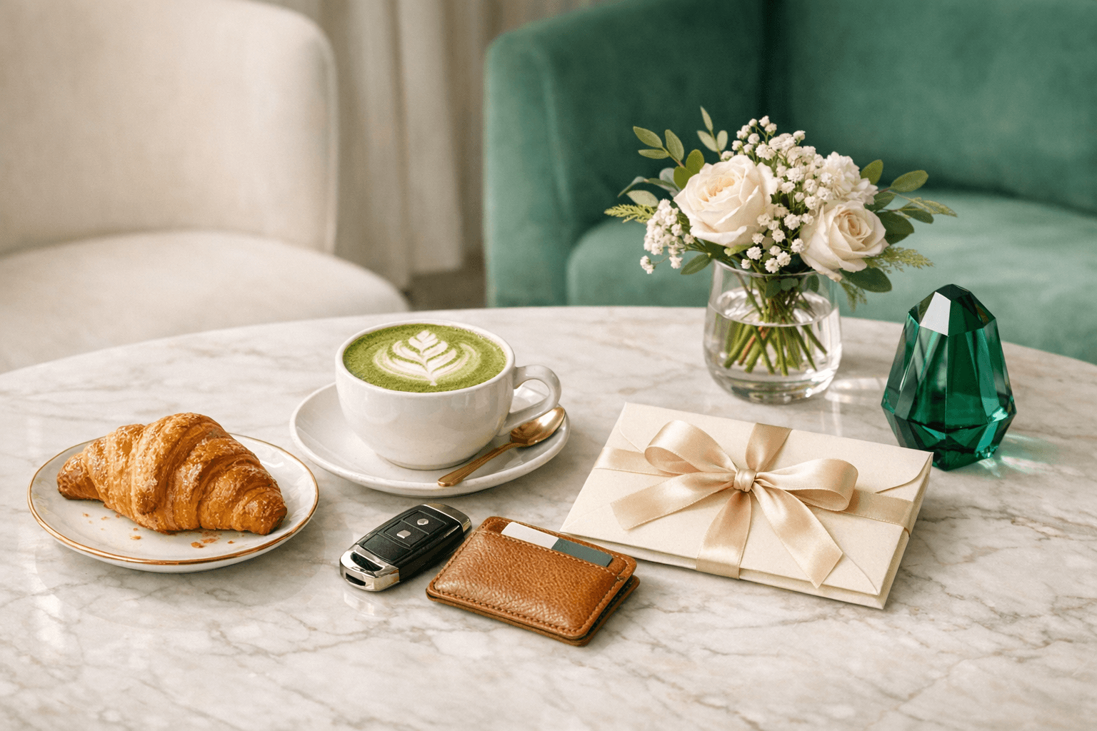 Editorial still life of a matcha, croissant, envelope, wallet, and keys on a marble table.
